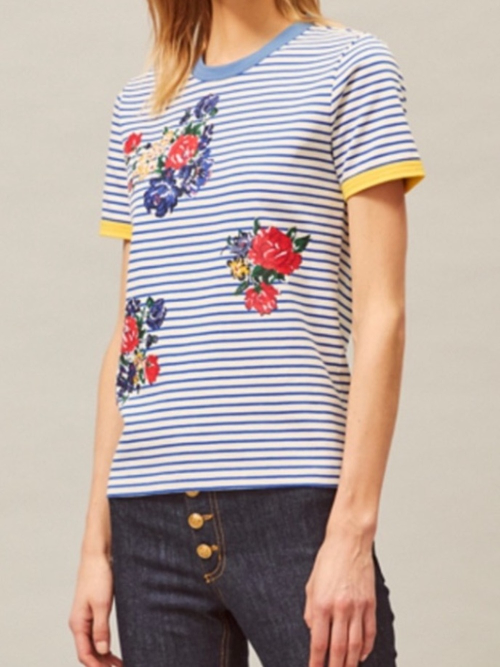 Tory Burch Blue & Ivory Striped & Floral Graphic Cotton T-Shirt Size X-Large